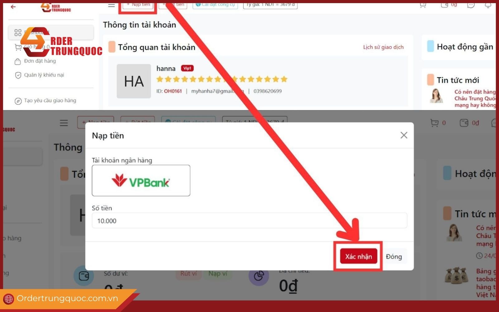 Nạp tiền và đặt cọc cho dịch vụ đặt hộ hàng 1688