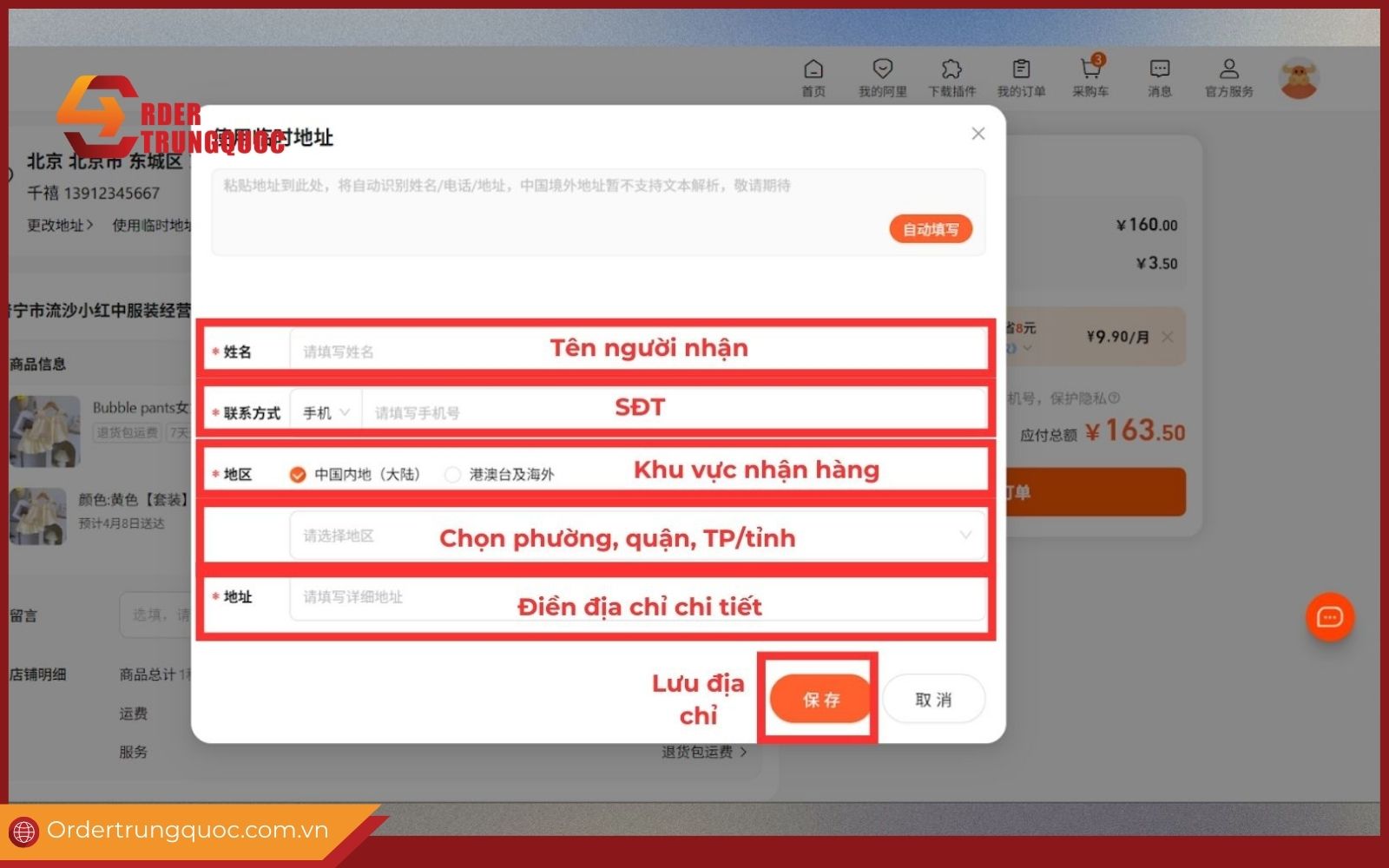 Điền đầy đủ thông tin người nhận