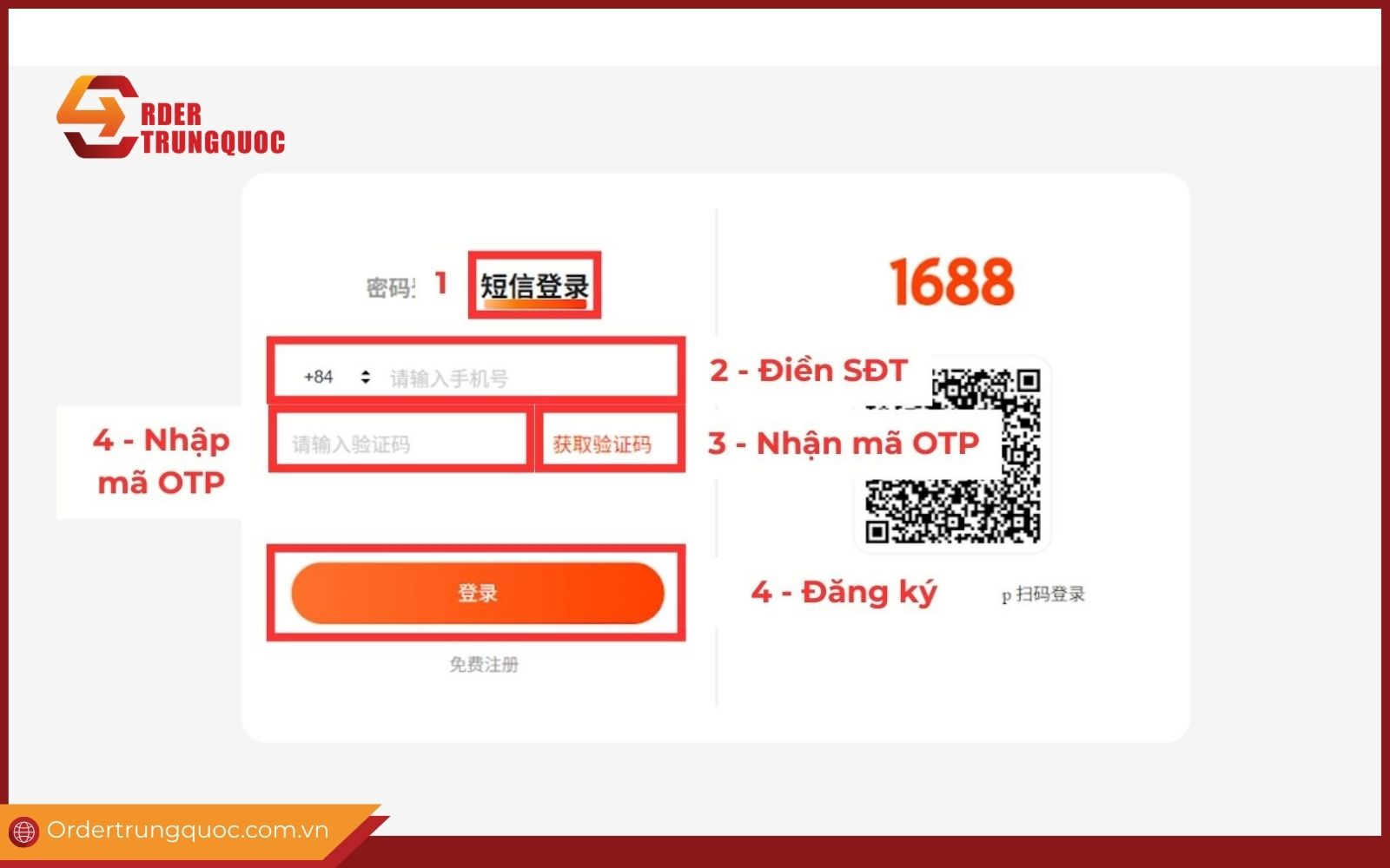 Đăng nhâp ứng dụng order 1688 bằng số điện thoại
