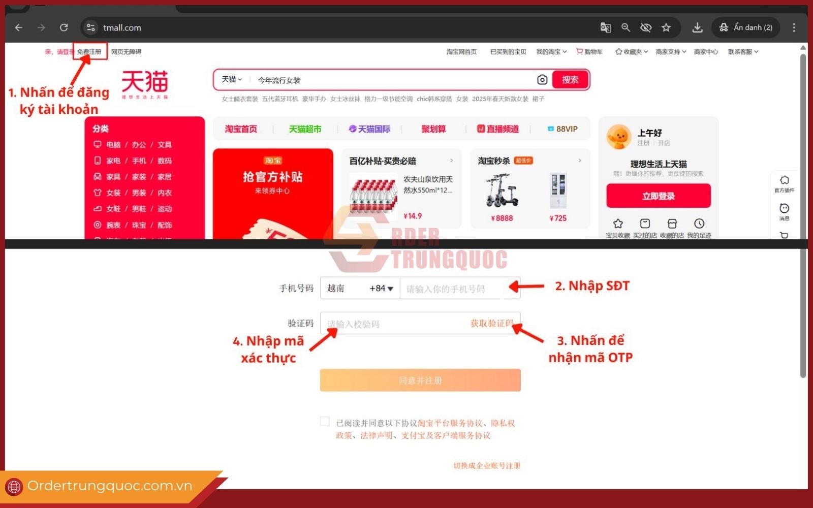 Đăng ký tài khoản mua hàng trên Tmall.com bằng máy tính