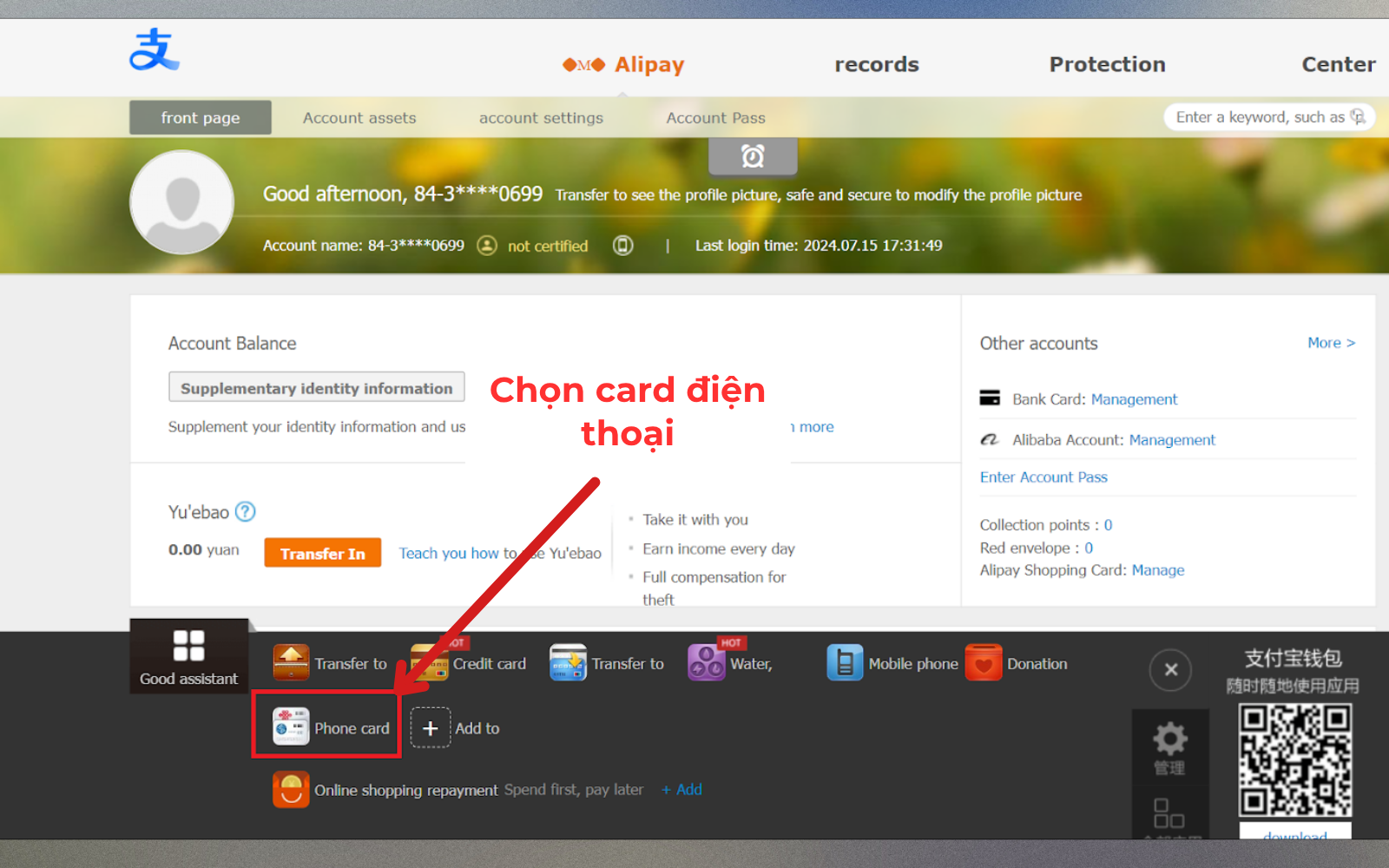 Cách nạp tiền vào Alipay bằng thẻ cào điện thoại Cách nạp tiền vào Alipay bằng thẻ cào điện thoại