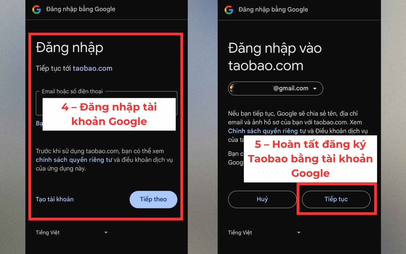 Chọn tiếp tục để hoàn tất đăng nhập tại khoản Taobao