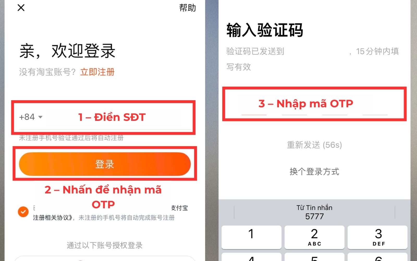 Tạo tài khoản Taobao bằng số điện thoại