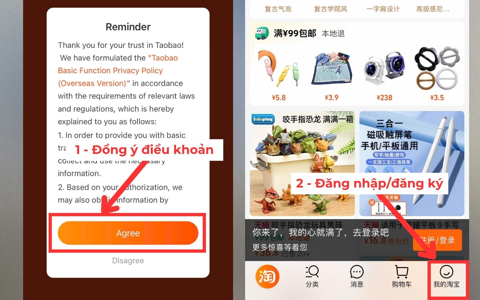 Đồng ý điều kiện quyền và chính sách tạo tài khoản Taobao