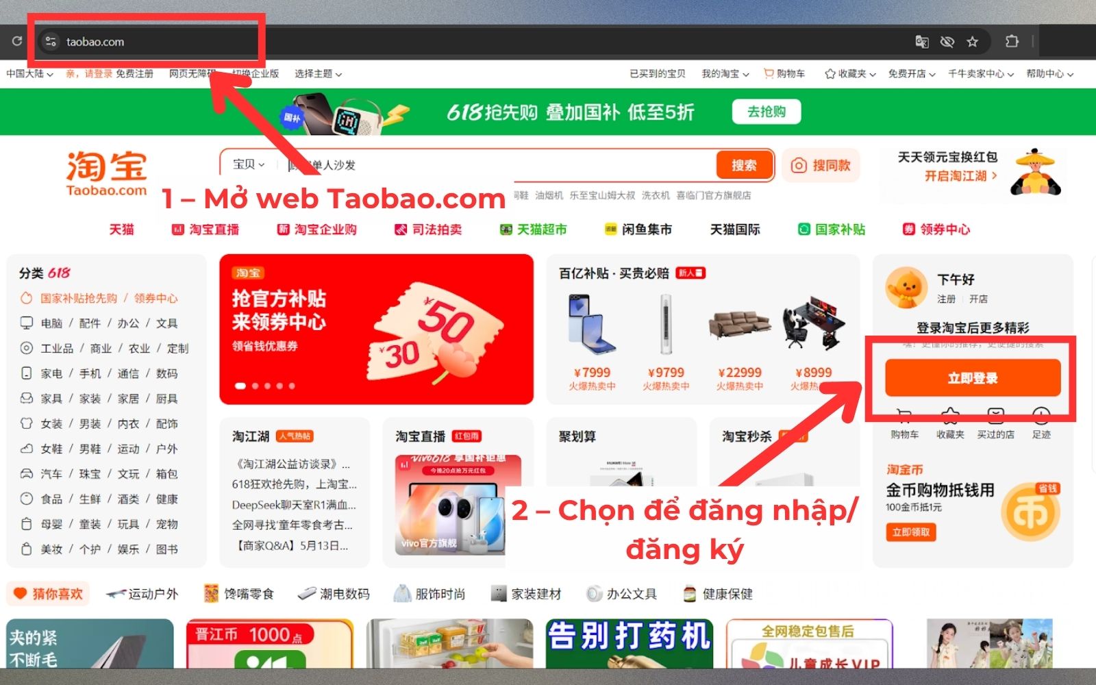 Truy cập website Taobao để tạo tài khoản trên máy tính