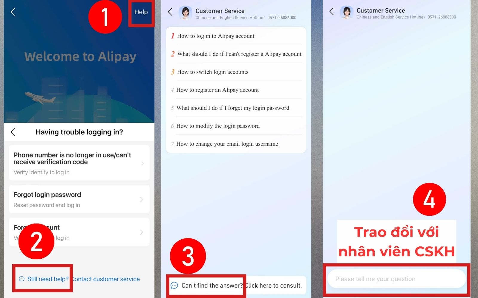 Nhờ bộ phận CSKH khôi phục tài khoản Alipay 