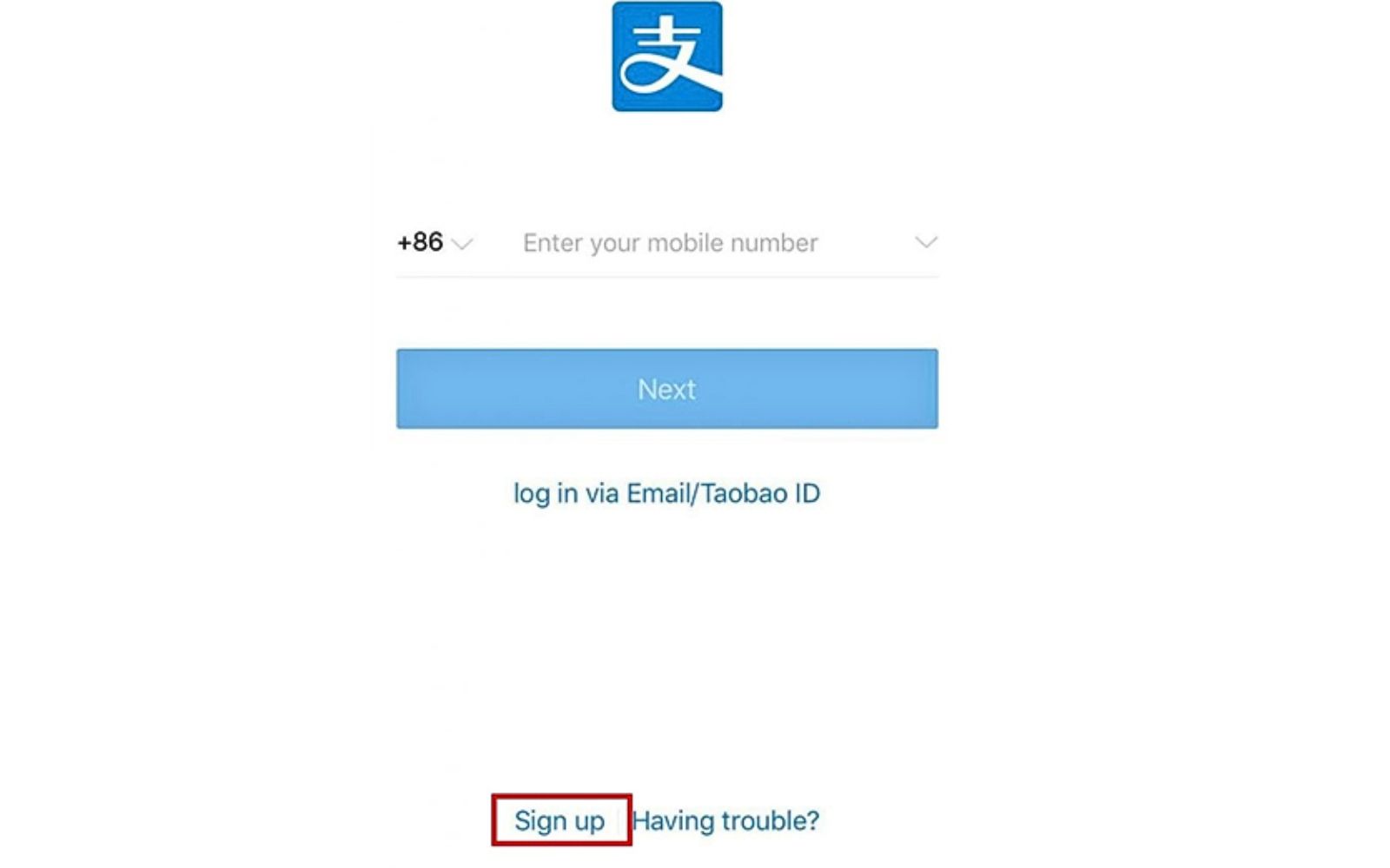 Chọn “Sign up” theo hình Chọn Sign Up để đăng ký tài khoản Alipay