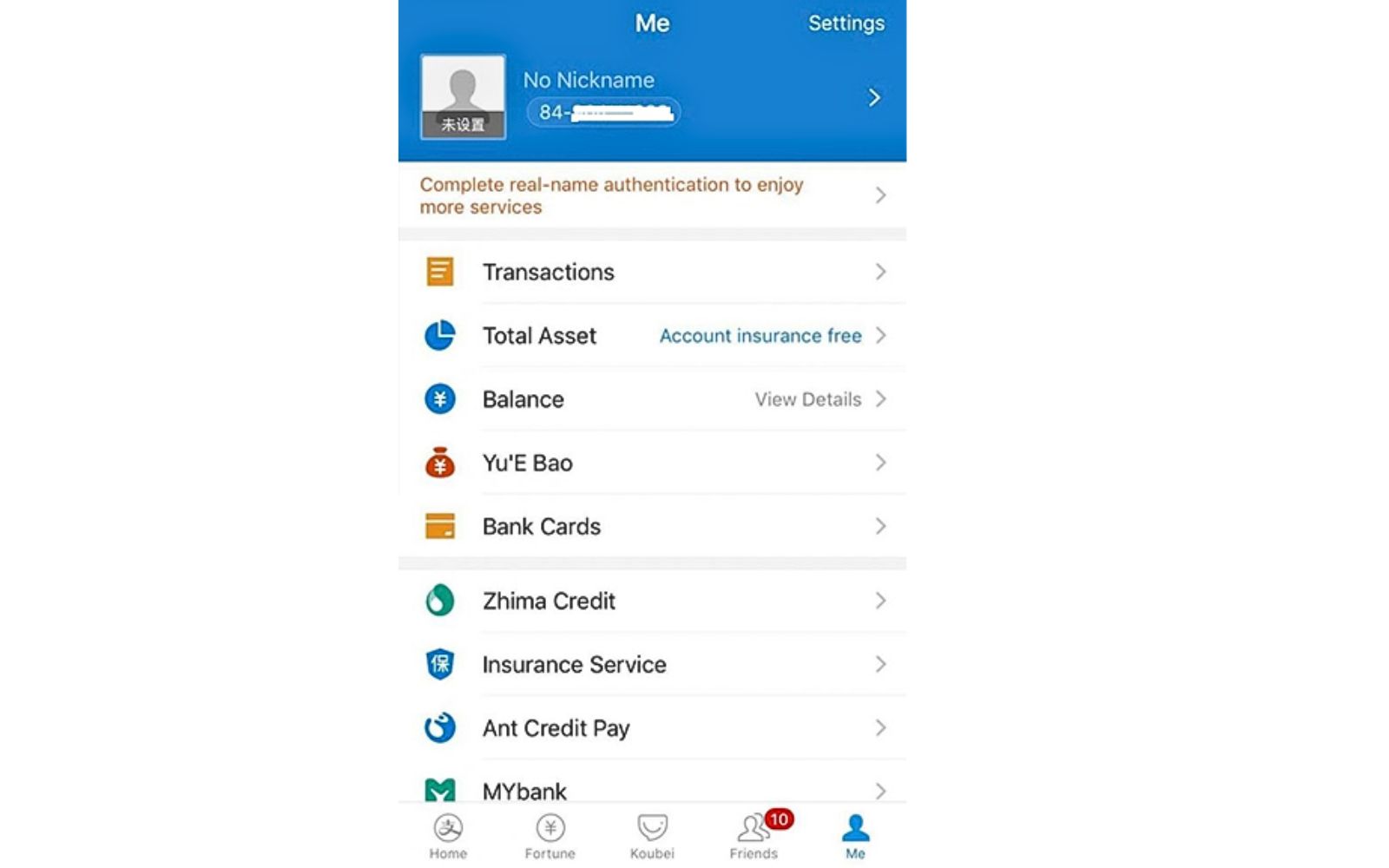 Mở mục “Me” và bấm vào “Bank Cards” Mở và chọn mục "Me"