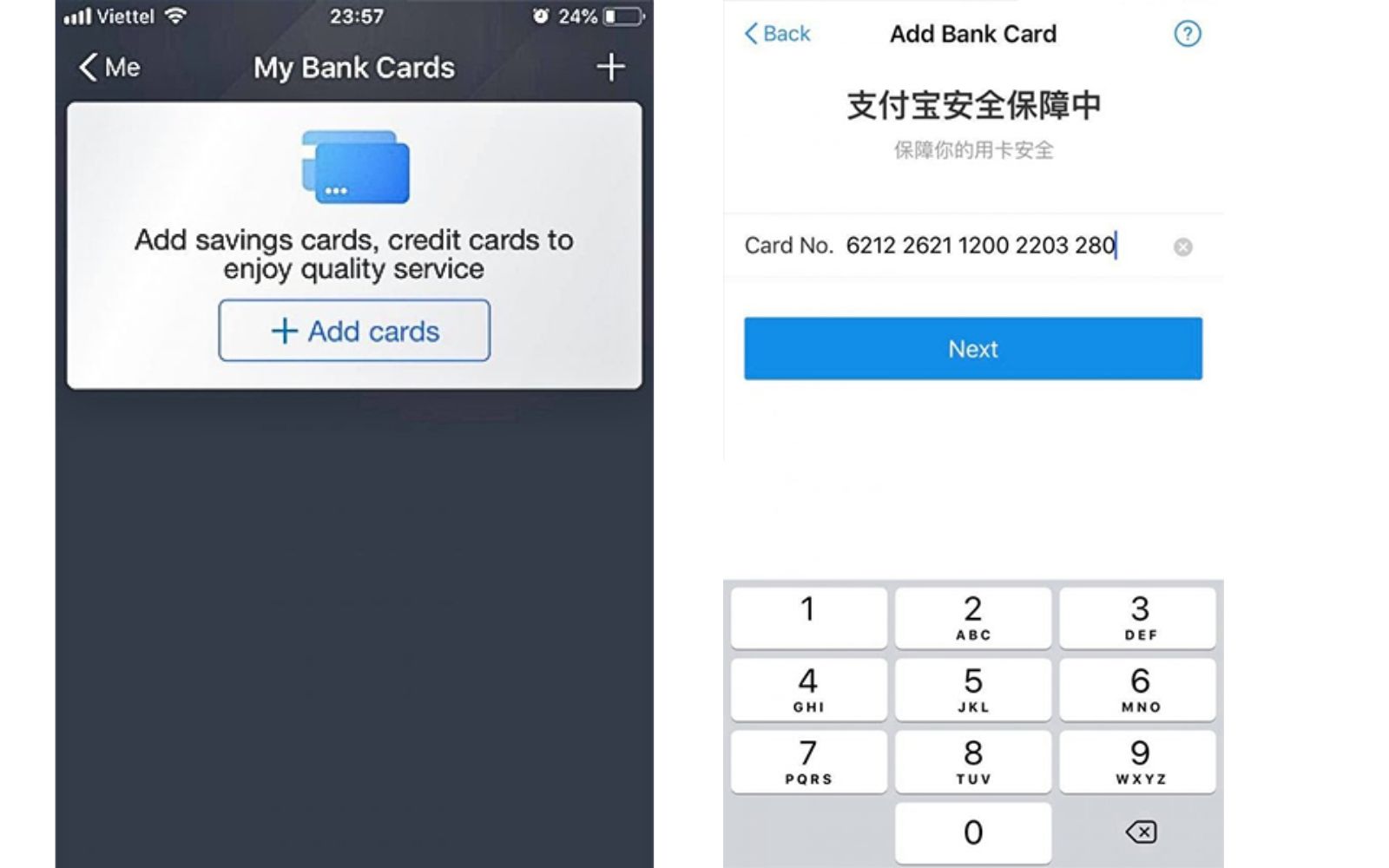Click mục “Add cards” và điền số thẻ ngân hàng Điền số thẻ ngân hàng của bạn