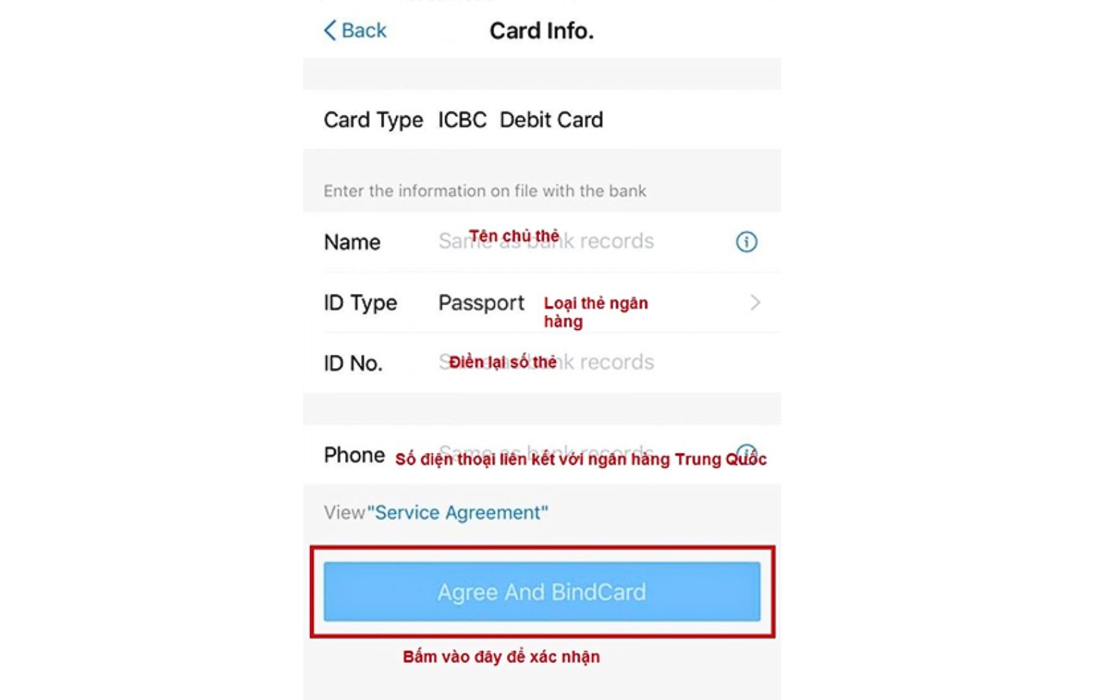 Điền thông tin và bấm “Agree And Bind Card” Chọn “Agree And Bind Card”