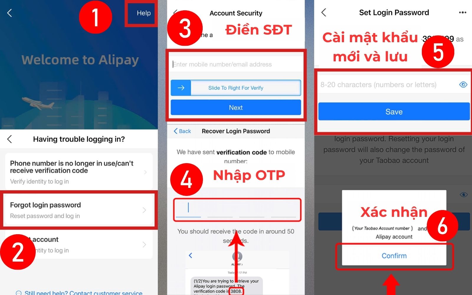 Chờ tài khoản Alipay mở khóa và đổi mật khẩu mới