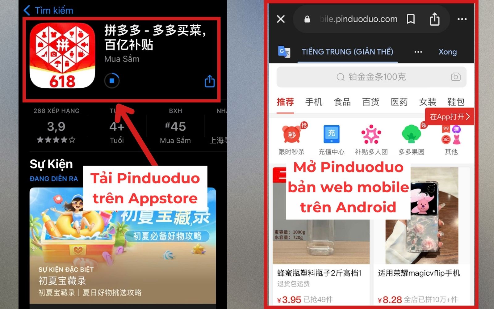 Tải app Pinduoduo trên Appstore hoặc mở bản web mobile trên điện thoại Android Tải app để cài đặt tài khoản Pinduoduo