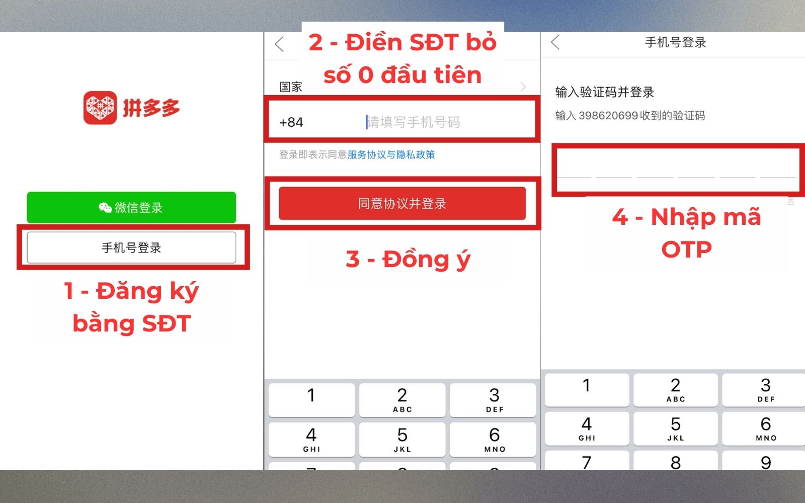 Chọn “手机号登录”, nhập số điện thoại và mã OTP Nhập SĐT và OTP để bắt đầu tạo tài khoản Pinduoduo