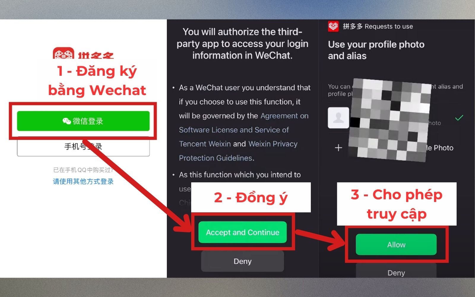 Nhấn “微信登录” để đăng ký/đăng nhập nhanh bằng Wechat Tạo tài khoản trên Pinduoduo bằng Wechat