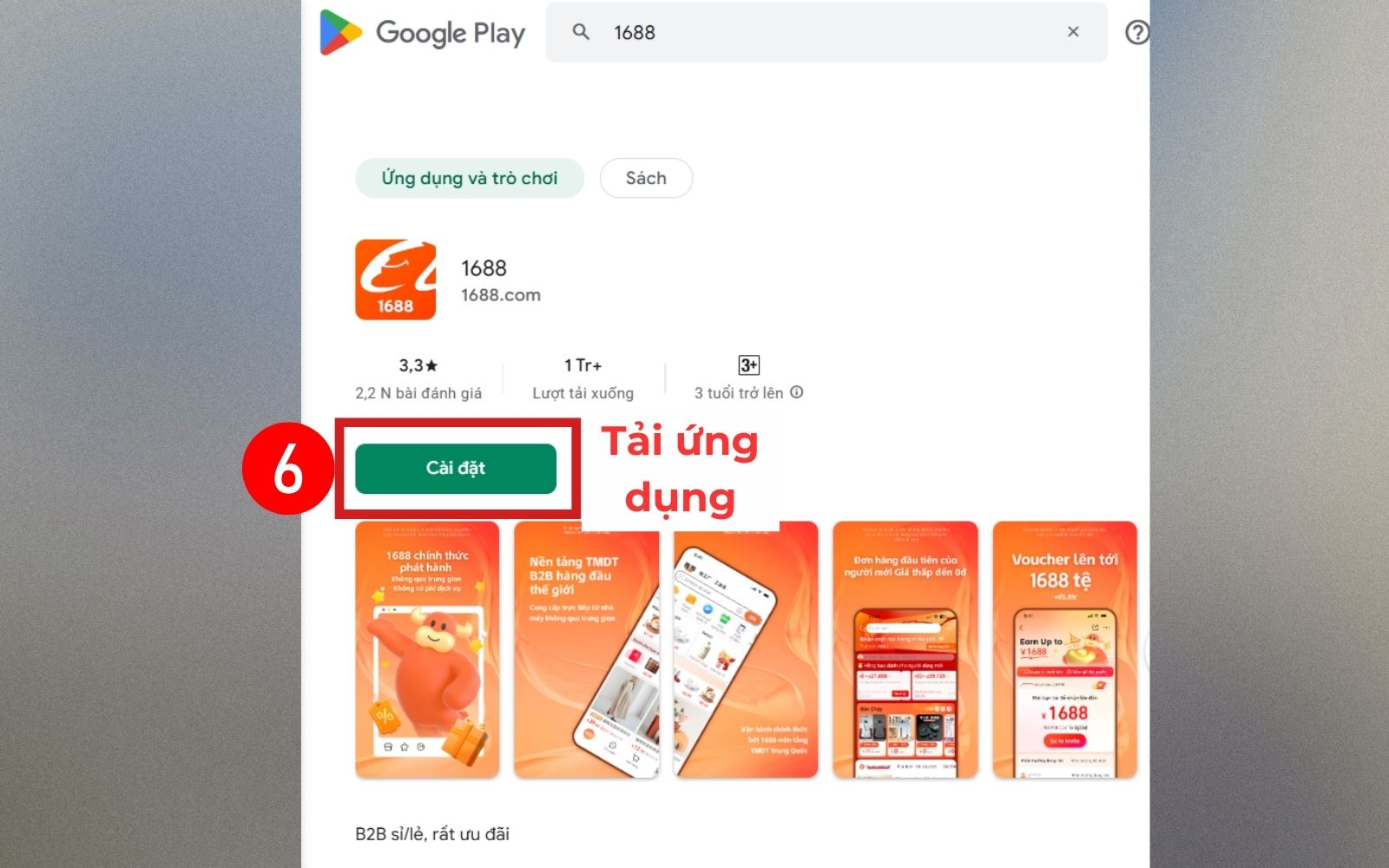 Nhấn nút Cài đặt để tải ứng dụng 1688 về máy tính Nhấn nút Cài đặt để tải ứng dụng 1688 về máy tính