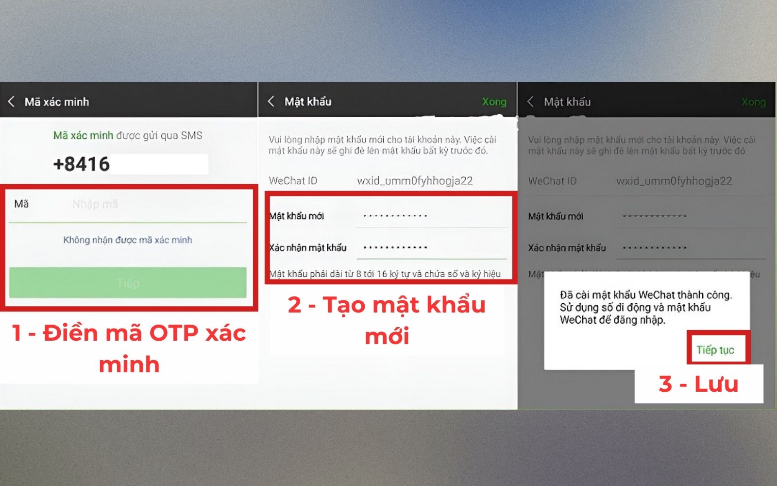 Bước xác minh cài mật khẩu mới của Wechat bằng số điện thoại