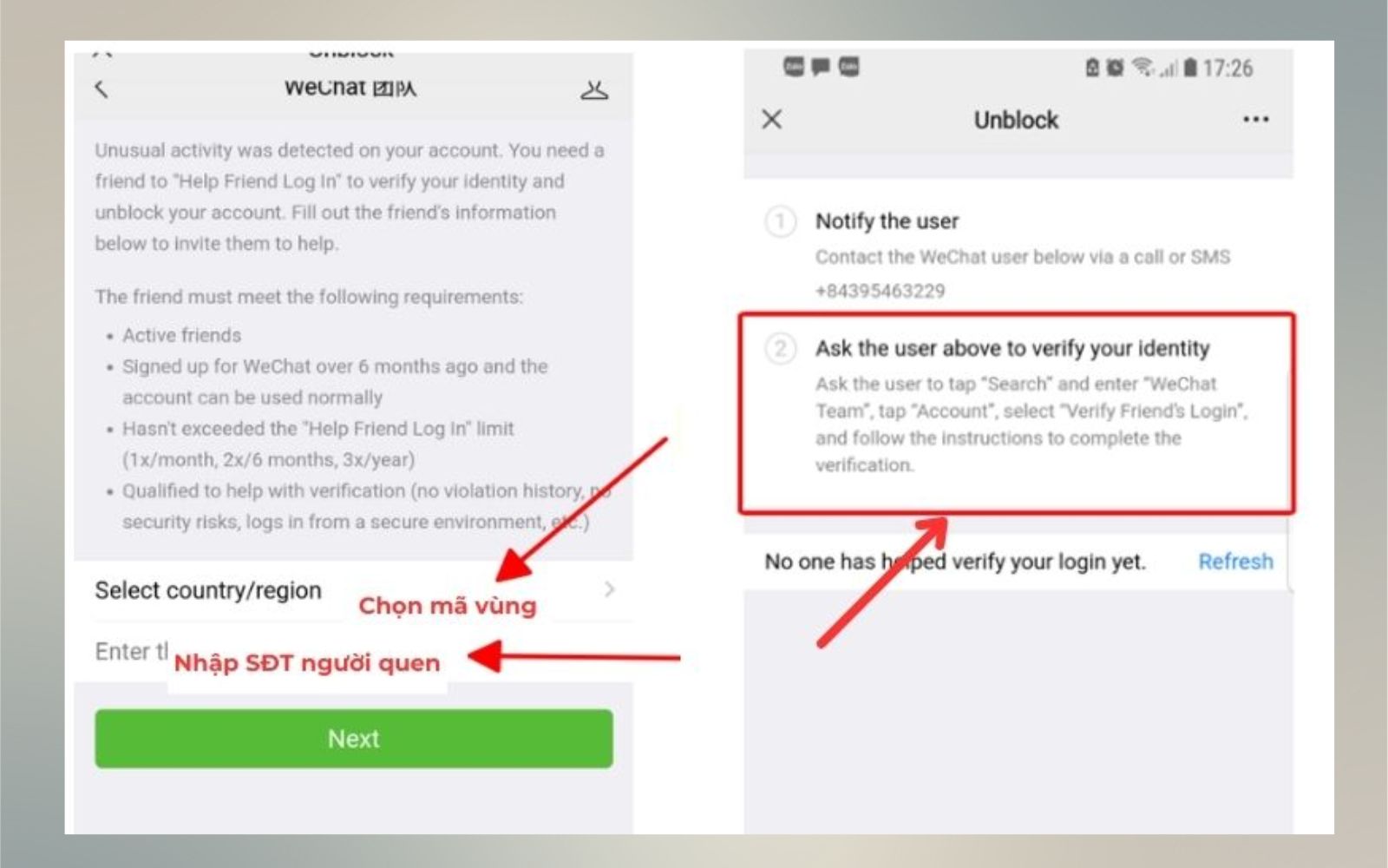 Điền số điện thoại của bạn bè để lấy lại account Wechat