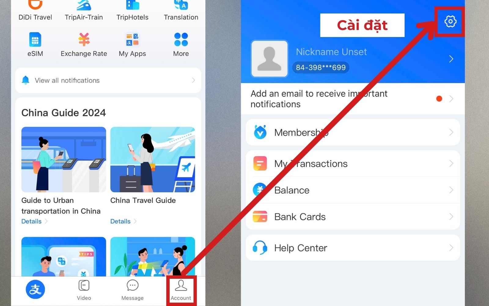 Hướng dẫn vào mục cài đặt trên Alipay