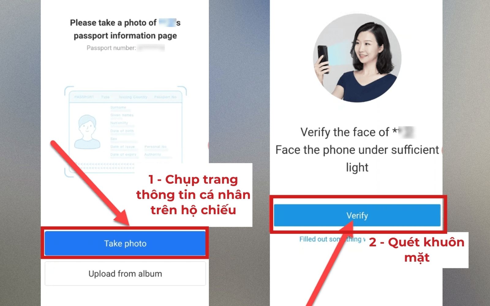 Chụp ảnh hộ chiếu quét face ID để xác thực tài khoản Alipay